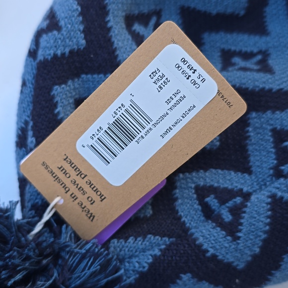 PATAGONIA Powder Town Beanie Pom Blue Wavy Pinecone Pattern Winter Hat NWT - Picture 4 of 7